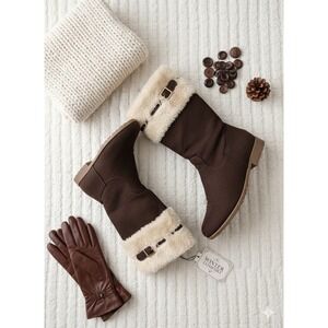 Girls Brown Faux Suede Fur Trimmed Winter Snow Boots Wedge Heel‎ Kids Size